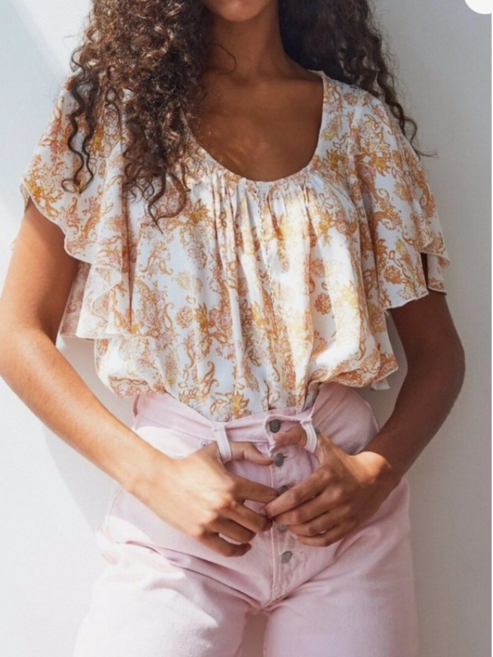 Free People Intimately Floral Print Earth Tone Flutter Sleeve Bodysuit Size XS